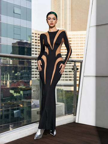 Ismay Long Sleeve Mesh Bodycon Maxi Dress In White