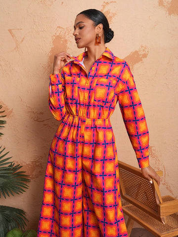 Israel Jasso Loose Shirt Collar Wide-Leg Printed JumpsuitIsrael Jasso Loose Shirt Collar Wide-Leg Printed Jumpsuit