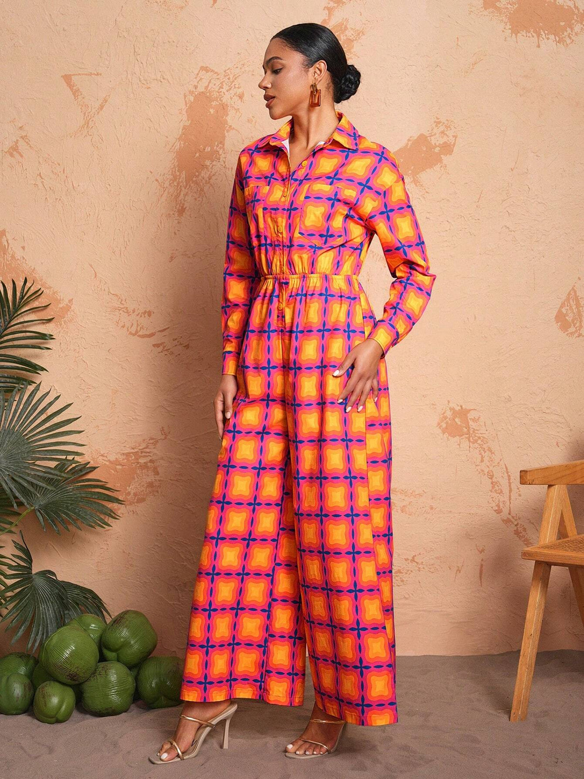 Israel Jasso Loose Shirt Collar Wide-Leg Printed JumpsuitIsrael Jasso Loose Shirt Collar Wide-Leg Printed Jumpsuit