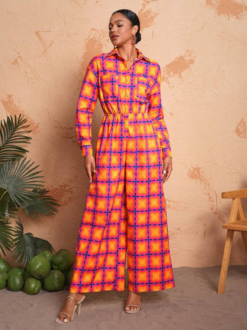 Israel Jasso Loose Shirt Collar Wide-Leg Printed JumpsuitIsrael Jasso Loose Shirt Collar Wide-Leg Printed Jumpsuit