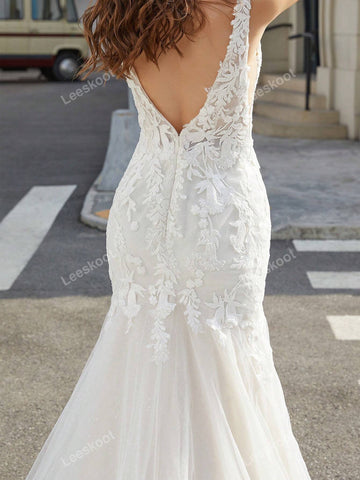 Ivory Elegant Mermaid Lace Applique Wedding Dresses For Bride V Neck Tulle Rromantic Wedding Gowns With Train Backless Sleeveless