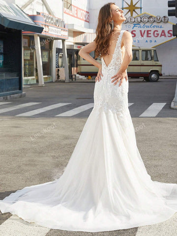 Ivory Elegant Mermaid Lace Applique Wedding Dresses For Bride V Neck Tulle Rromantic Wedding Gowns With Train Backless Sleeveless