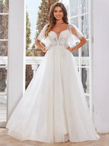 Ivory Lace Wedding Dresses Long With Hand Beading Short Sleeves Tulle Bridal Gown A-Line V-Neck Zipper Back