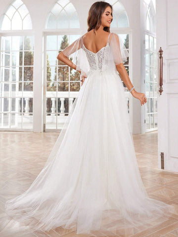 Ivory Lace Wedding Dresses Long With Hand Beading Short Sleeves Tulle Bridal Gown A-Line V-Neck Zipper Back