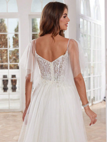 Ivory Lace Wedding Dresses Long With Hand Beading Short Sleeves Tulle Bridal Gown A-Line V-Neck Zipper Back