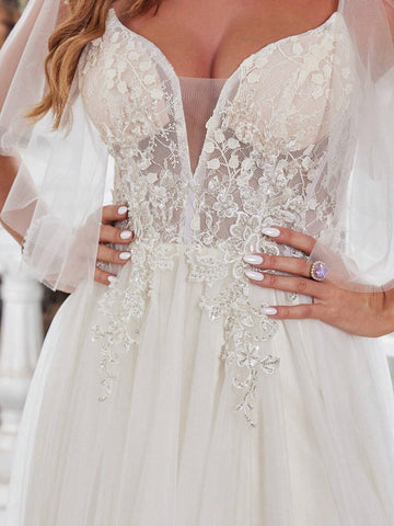 Ivory Lace Wedding Dresses Long With Hand Beading Short Sleeves Tulle Bridal Gown A-Line V-Neck Zipper Back