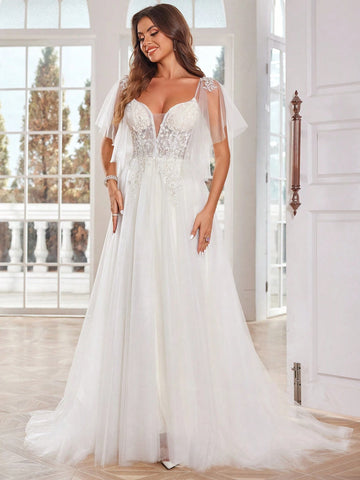 Ivory Lace Wedding Dresses Long With Hand Beading Short Sleeves Tulle Bridal Gown A-Line V-Neck Zipper Back