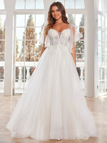 Ivory Lace Wedding Dresses Long With Hand Beading Short Sleeves Tulle Bridal Gown A-Line V-Neck Zipper Back