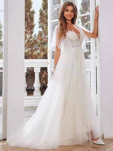 Ivory Lace Wedding Dresses Long With Hand Beading Short Sleeves Tulle Bridal Gown A-Line V-Neck Zipper Back