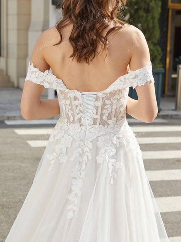Ivory Off Shoulder Tulle Wedding Dresses With Floral Lace Applique Long A Line Romantic Style Wedding Gown For Bride
