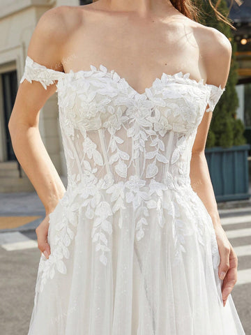 Ivory Off Shoulder Tulle Wedding Dresses With Floral Lace Applique Long A Line Romantic Style Wedding Gown For Bride