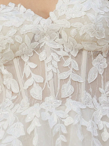 Ivory Off Shoulder Tulle Wedding Dresses With Floral Lace Applique Long A Line Romantic Style Wedding Gown For Bride