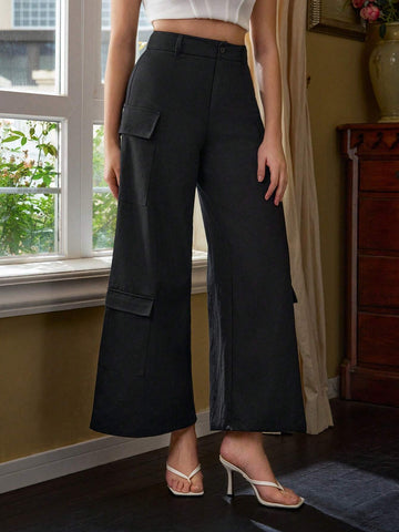 JETEIMEN Designer Women's Cargo Slant Pocket Wide-Legged Trousers