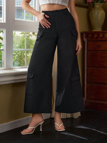JETEIMEN Designer Women's Cargo Slant Pocket Wide-Legged Trousers