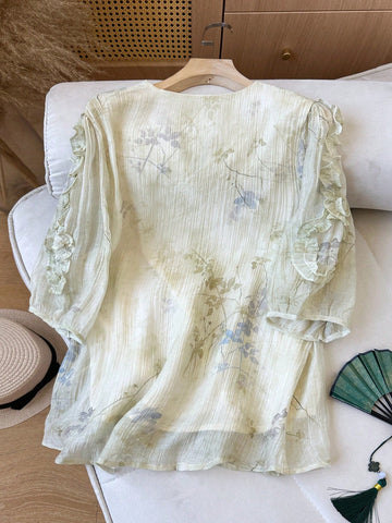 Floral Print V-Neck With Pearl Accents,