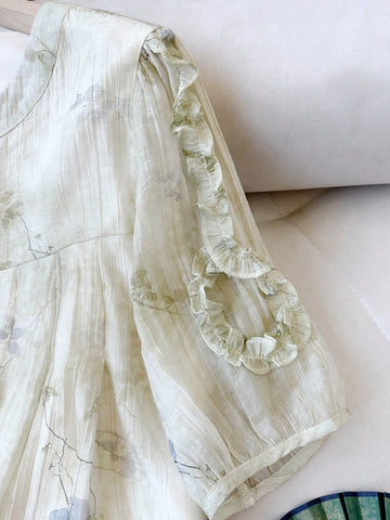 Floral Print V-Neck With Pearl Accents,