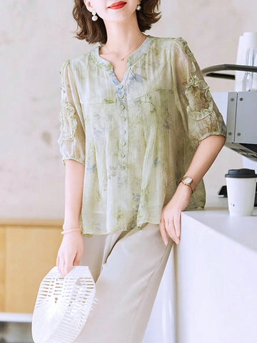 Floral Print V-Neck With Pearl Accents,