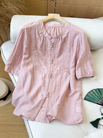 Summer Loose V-Neck Blouse With Delicate Floral Embroidery;