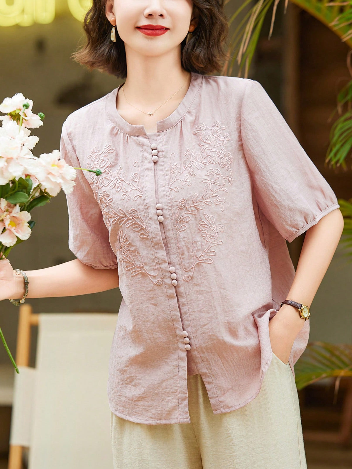 Summer Loose V-Neck Blouse With Delicate Floral Embroidery;