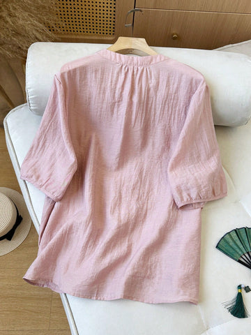 Summer Loose V-Neck Blouse With Delicate Floral Embroidery;