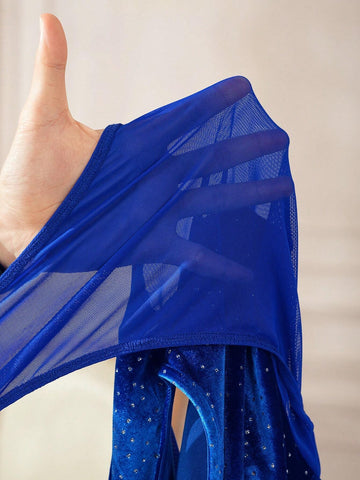 JIAN LASALA Designer Women's Blue Glitter Dots And Sheer Mesh Blocked Mock Neck Party Bodysuit