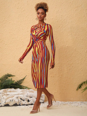 Women's Color Block Stripe Twisted Bodycon Long Sleeve Dress