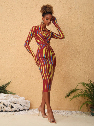 Women's Color Block Stripe Twisted Bodycon Long Sleeve Dress