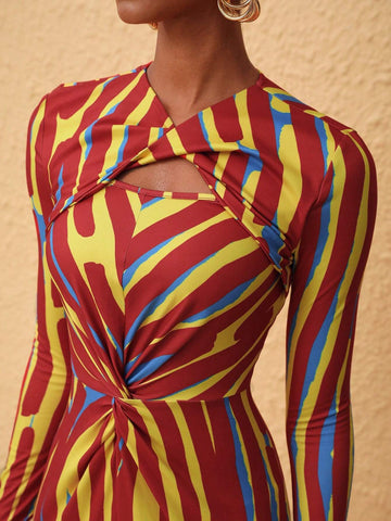 Women's Color Block Stripe Twisted Bodycon Long Sleeve Dress