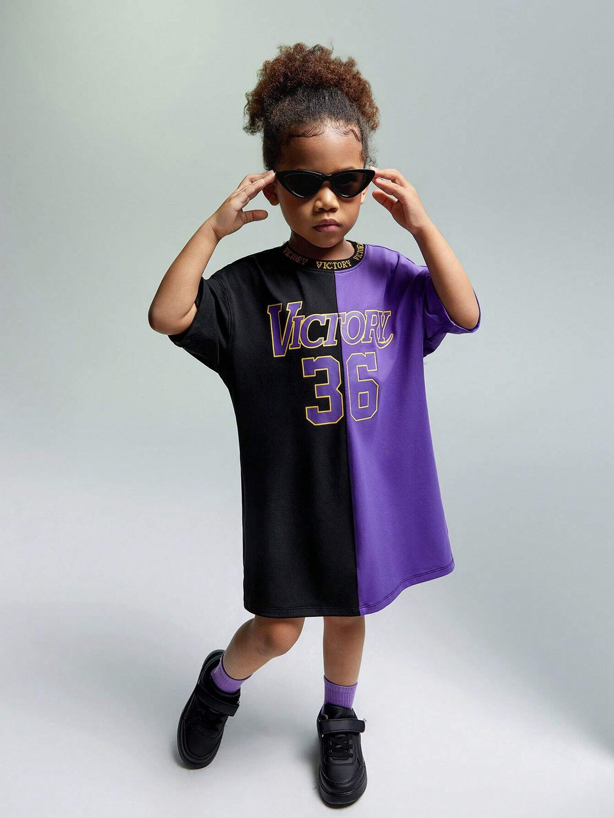 JNSQ Young Girl Knitted Loose Fit Drop Shoulder Short Sleeve T-Shirt With Patchwork And Letter Print