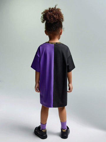 JNSQ Young Girl Knitted Loose Fit Drop Shoulder Short Sleeve T-Shirt With Patchwork And Letter Print