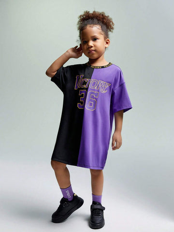 JNSQ Young Girl Knitted Loose Fit Drop Shoulder Short Sleeve T-Shirt With Patchwork And Letter Print