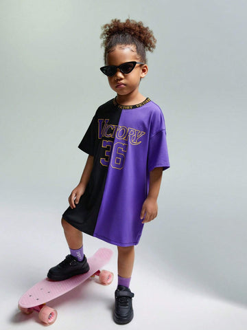 JNSQ Young Girl Knitted Loose Fit Drop Shoulder Short Sleeve T-Shirt With Patchwork And Letter Print