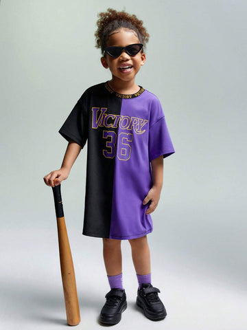 JNSQ Young Girl Knitted Loose Fit Drop Shoulder Short Sleeve T-Shirt With Patchwork And Letter Print