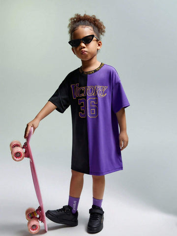 JNSQ Young Girl Knitted Loose Fit Drop Shoulder Short Sleeve T-Shirt With Patchwork And Letter Print