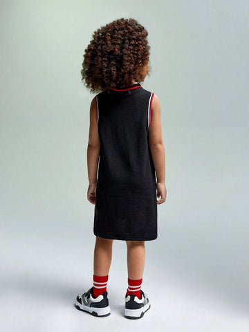 Young Girl Sleeveless Knitted Solid Color Printed Patchwork Dress With Collar And Pleats