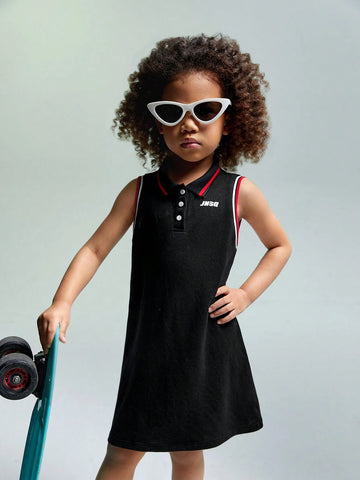 Young Girl Sleeveless Knitted Solid Color Printed Patchwork Dress With Collar And Pleats