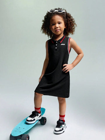 Young Girl Sleeveless Knitted Solid Color Printed Patchwork Dress With Collar And Pleats
