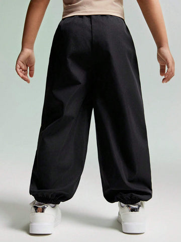 JNSQ Young Girls Color-Block Weaved Pants With Slanted Pockets, Loose Fit And Elastic Cuffs