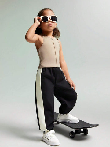 JNSQ Young Girls Color-Block Weaved Pants With Slanted Pockets, Loose Fit And Elastic Cuffs