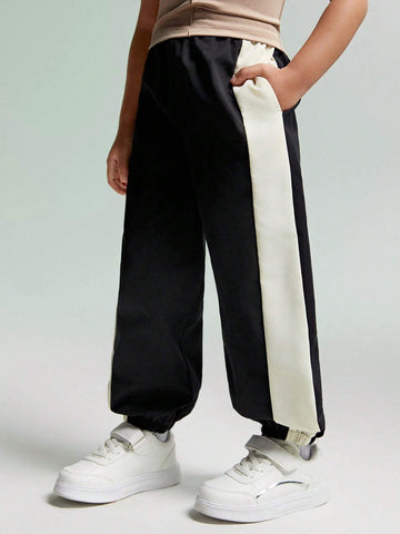 JNSQ Young Girls Color-Block Weaved Pants With Slanted Pockets, Loose Fit And Elastic Cuffs