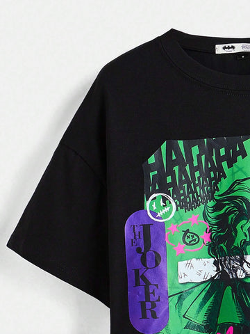 Women Casual Anime Character & Letter Print Drop Shoulder Loose Black T-Shirt, Summer