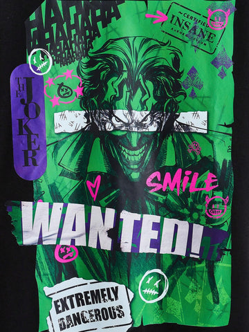 Women Casual Anime Character & Letter Print Drop Shoulder Loose Black T-Shirt, Summer