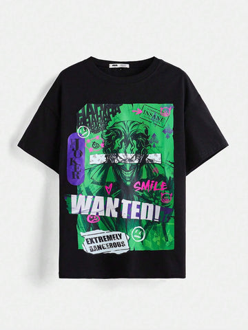 Women Casual Anime Character & Letter Print Drop Shoulder Loose Black T-Shirt, Summer