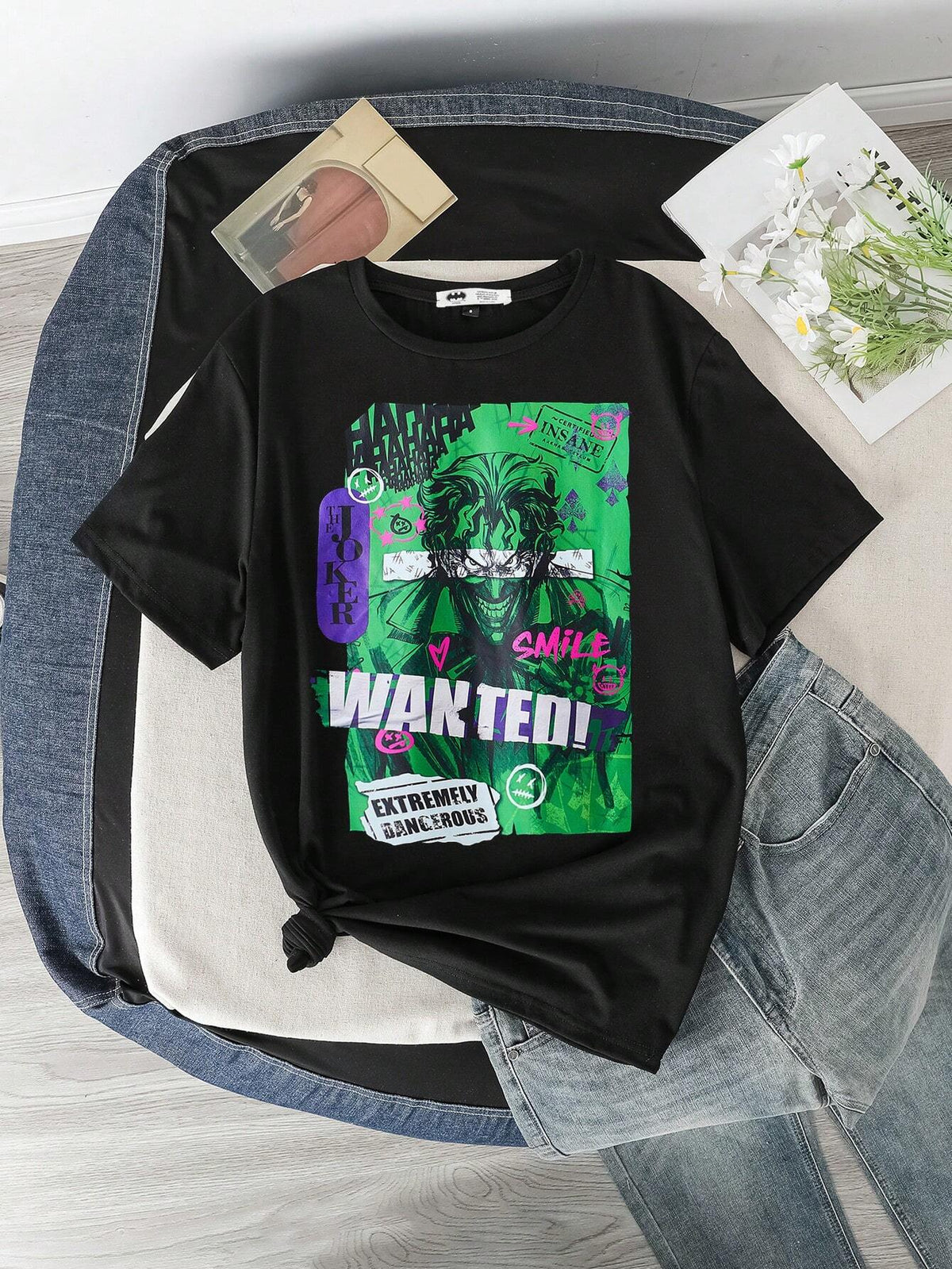 Women Casual Anime Character & Letter Print Drop Shoulder Loose Black T-Shirt, Summer