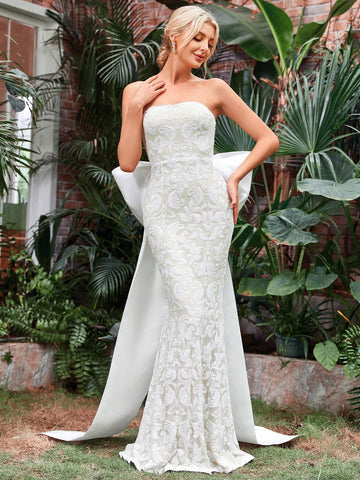 Jacquard Big Bow Back Tube Wedding Dress