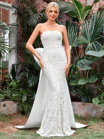 Jacquard Big Bow Back Tube Wedding Dress