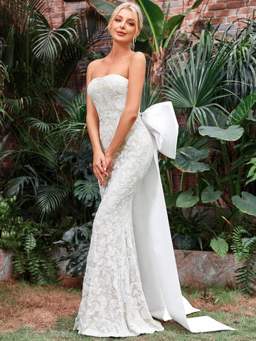Jacquard Big Bow Back Tube Wedding Dress