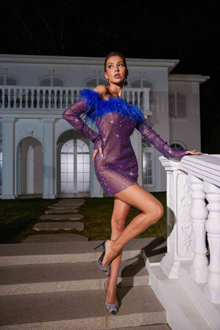 Jaela Feather Diamond Mesh Mini Dress