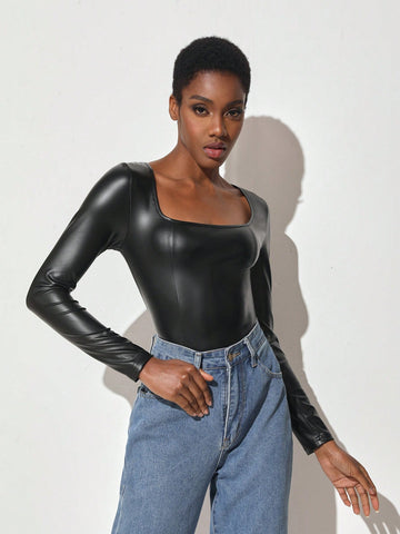Janis Chow Women'S Long Sleeve Pu Leather Bodysuit