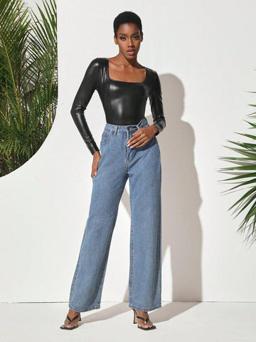 Janis Chow Women'S Long Sleeve Pu Leather Bodysuit